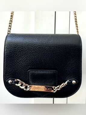 JIMMY CHOO Black Pebbled Leather Gold Chain Crossbody Bag Made In Italy